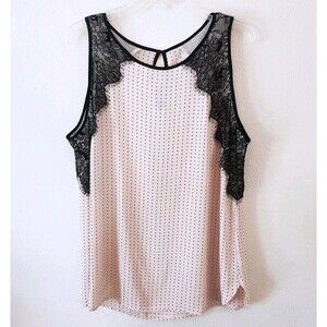 Ann Taylor Loft Pink Black Polka Dot Sleeveless Lace Back Keyhole Blouse Size L